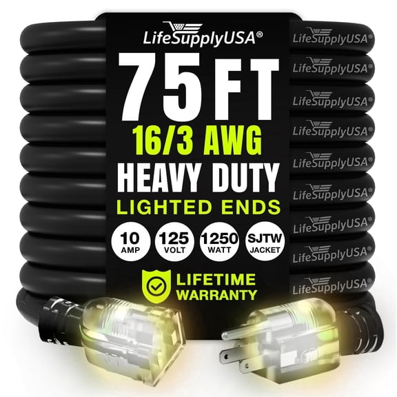 75ft Outdoor/Indoor Extension Cord 16/3 Gauge Heavy Duty 3 Prong SJTW, Waterproof, Flexible Cold-Resistant Long Power Cord,10A 125V 1250W, Black by LifeSupplyUSA