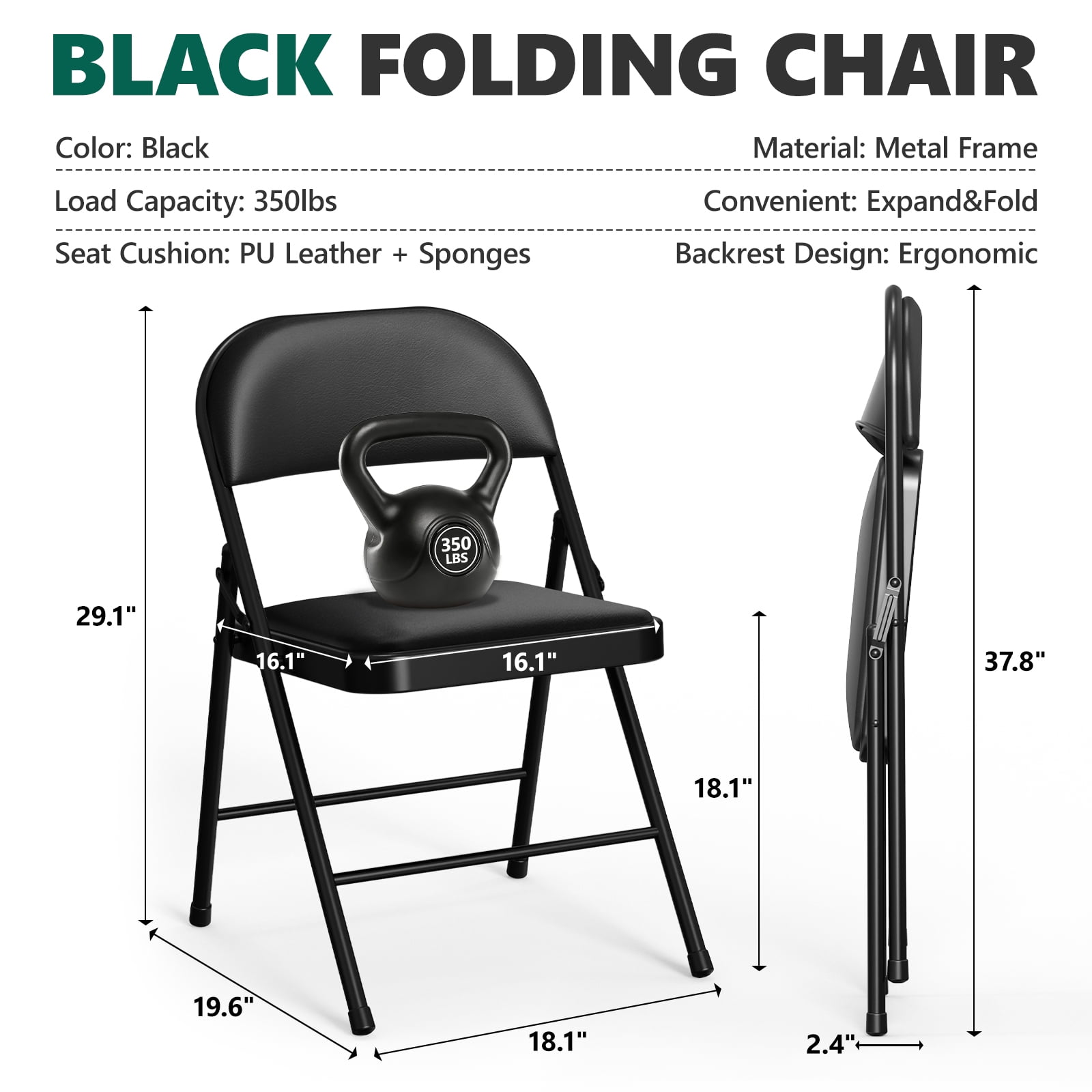 WASUHE 4 Pcs Folding Chairs, PU Leather Padded Folding Chairs with Padded Cushion and Back, Portable Lightweight Stackable Sillas Para Fiestas for Home, Office, Party, Indoor & Outdoor, Black
