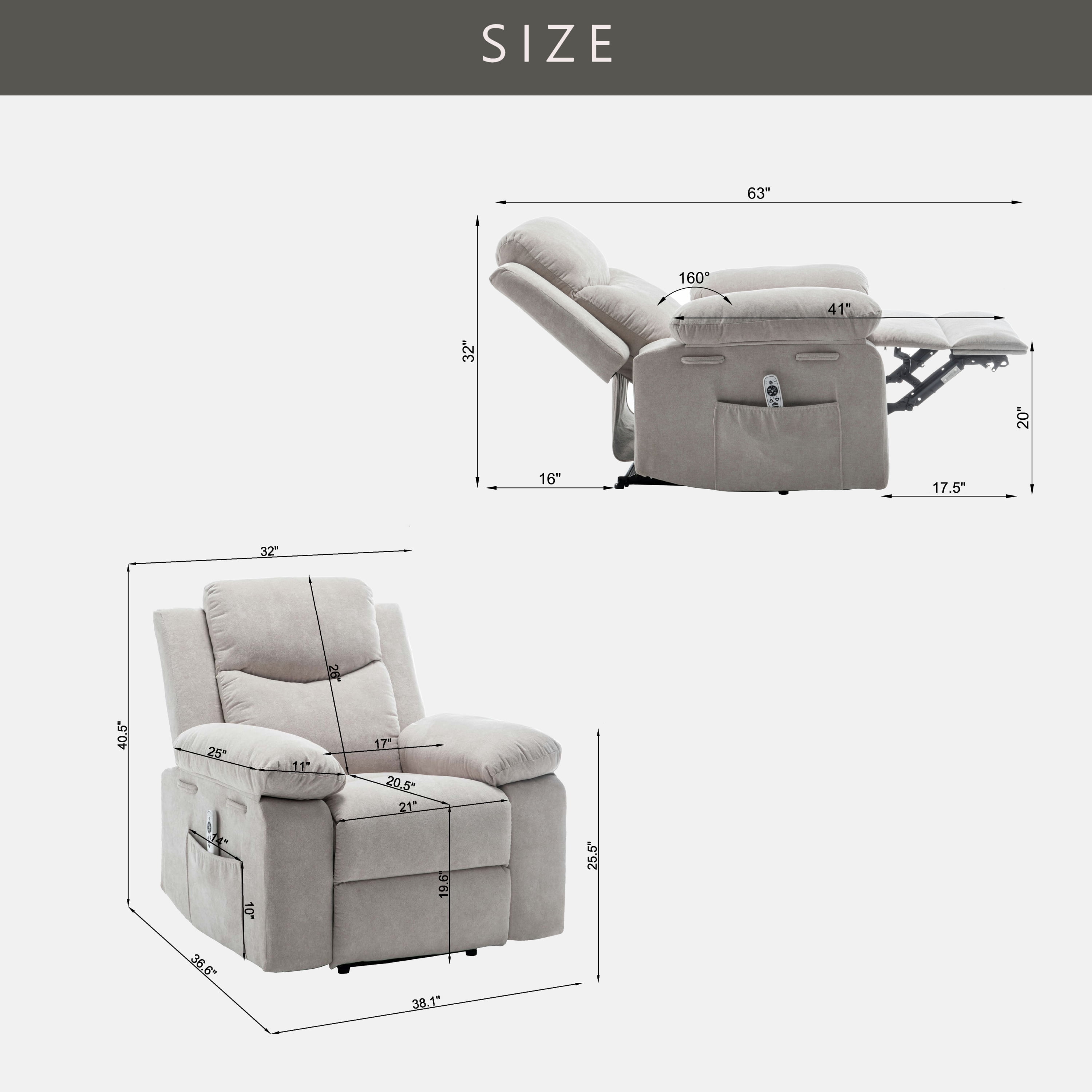 MOONMISS Velvet Adjustable Massage Function Side Pocket Power Recliner Chair with Heating System-Beige