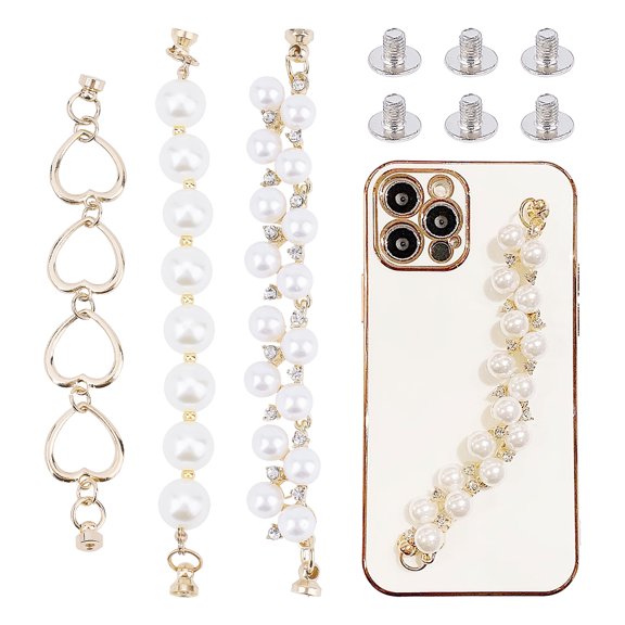 3 Styles Beaded Cell Phone Charms Pearl Chain Decoration Lanyard Cute Wrist Strap Universal Mobile Finger Strap Grip Holder With Screws Case