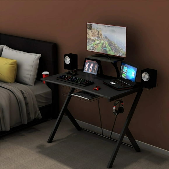 Mesa para Gaming Ergonómica Costway con Gancho Portavasos y Soporte para Auriculares Negro