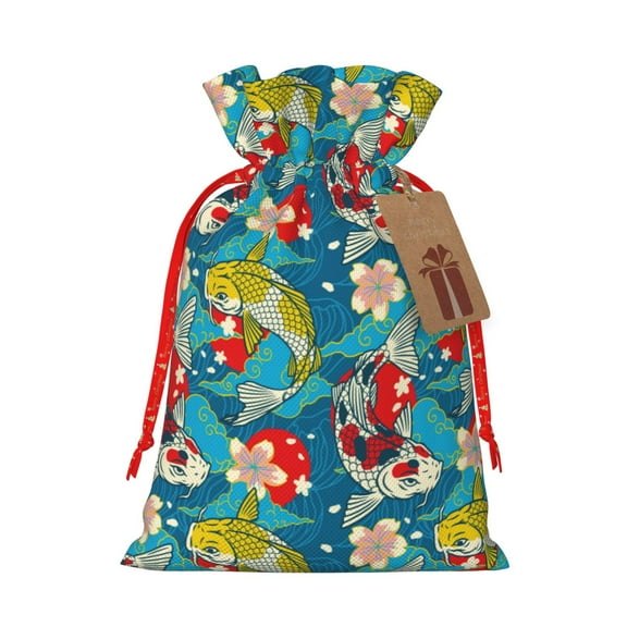 Honeii Japanese Koi Print Small Burlap Bags,Christmas Drawstring Treat Bags Gift Bags Reusable Candy Goodie Wrapping Bags for Holiday Party Favors Supplies -Small