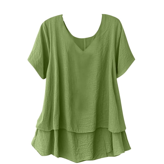 Vhkiploz Summer Top for Women Short Sleeve Crew Neck Layered Ruffle Hem Tunics Blouse Vacation Casual Loose Flowy High-Low Hem Summer Shirts Green L