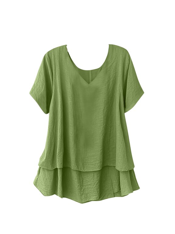 Cotton Linen Tops for Women Double Layer Tiered Hem V Neck Tunic Tops Summer Lightweight Casual Flowy Boho Blouse,XL,Green