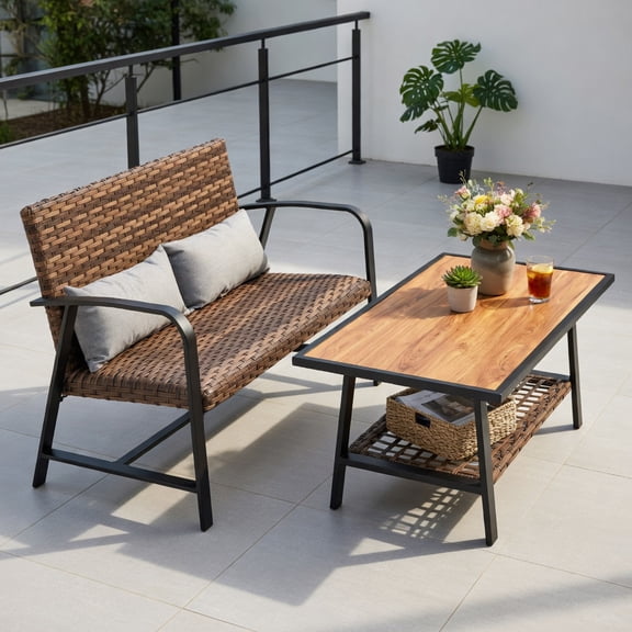 GVN 2 Pieces Patio Rattan Coffee Table Set, Deluxe Outdoor Patio with Shelf and Quick Dry Cushion