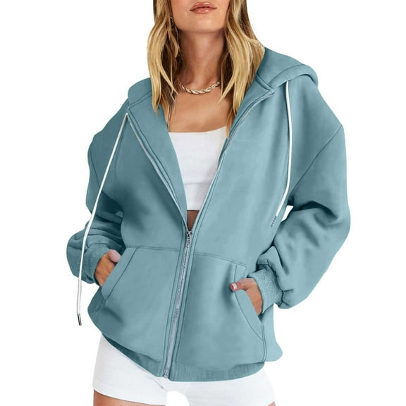 Aloohaidyvio 2024 Summer Plus Size,Ladies Jacket Casual Color Zip Hood Long Sleeve Pocket Blouse
