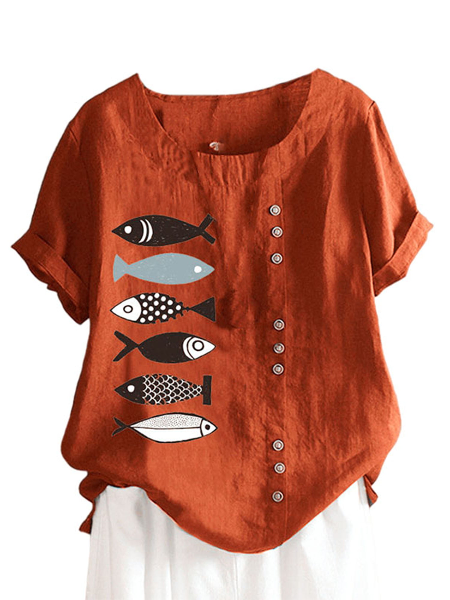 Funic Womens Short Sleeve Button O-Neck Cartoon Fish Print Loose T-Shirt Blouse Tops Hot