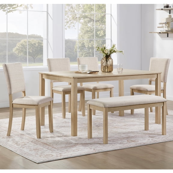 FFZ 6-Piece Dining Table Set with Bench and 4 Upholstered Chairs, Beige