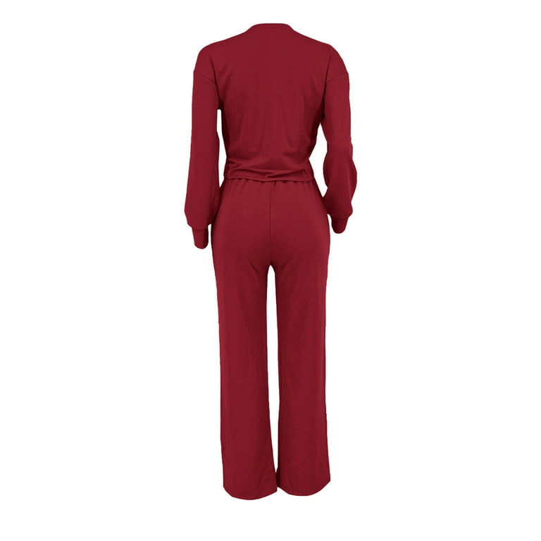 2 Piece Sweatsuit for Women Long Sleeve Crew Neck Cropped