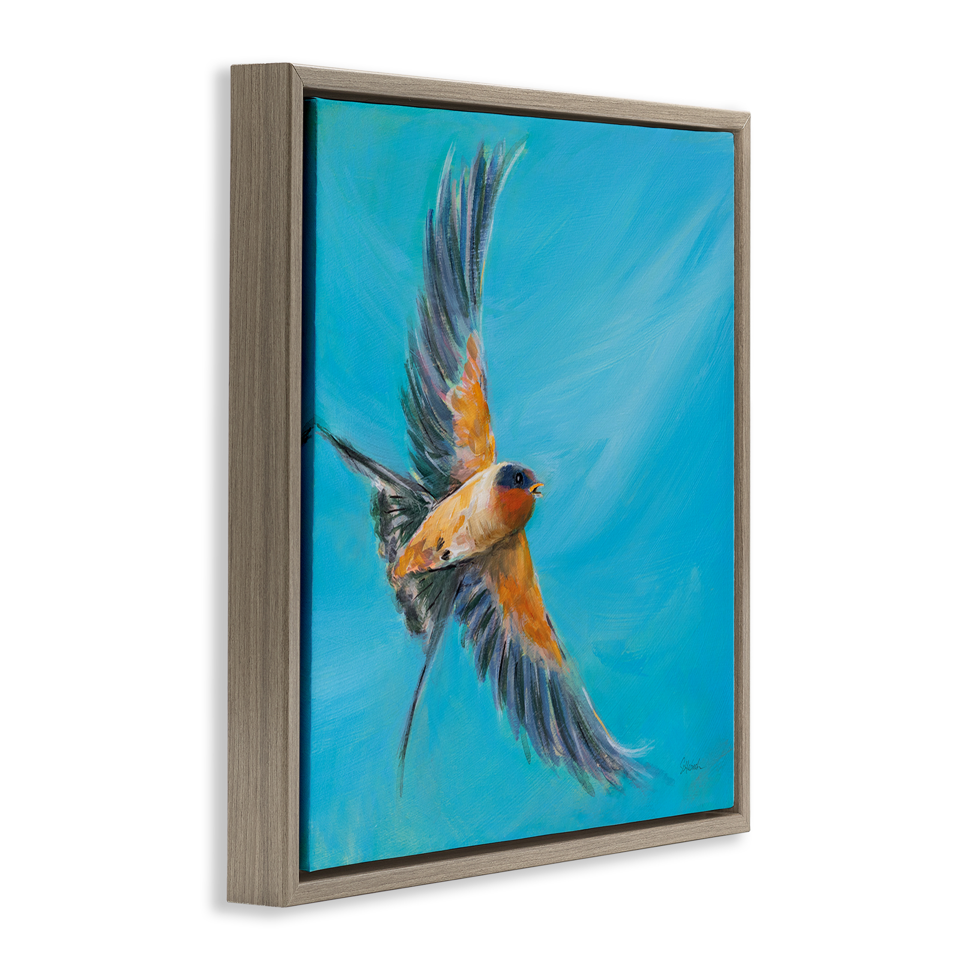 Stupell Industries Soaring Bird on Blue Animals & Insects Painting Brown Floater Framed Canvas Art Print Wall Art, 18 x 18