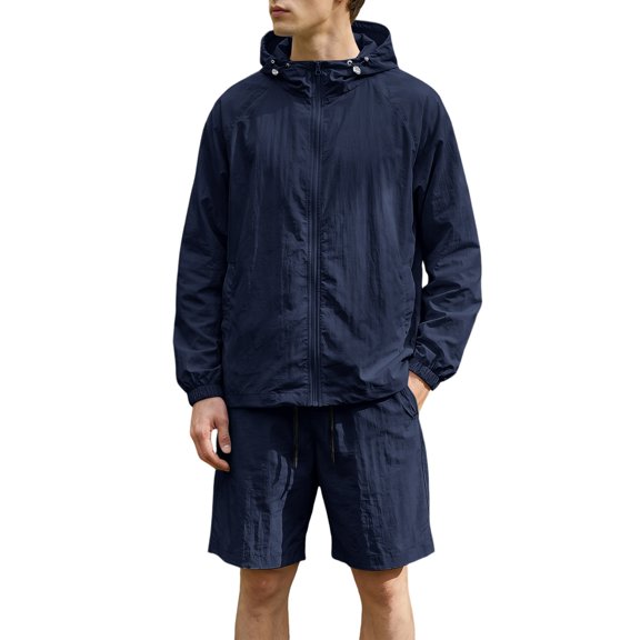 Domuza Mens Tracksuit Casual 2 Piece, UPF 50 Sun Protection Full Zip Hoodie Matching Shorts Set Lightweight Windbreaker Jacket Set Navy L