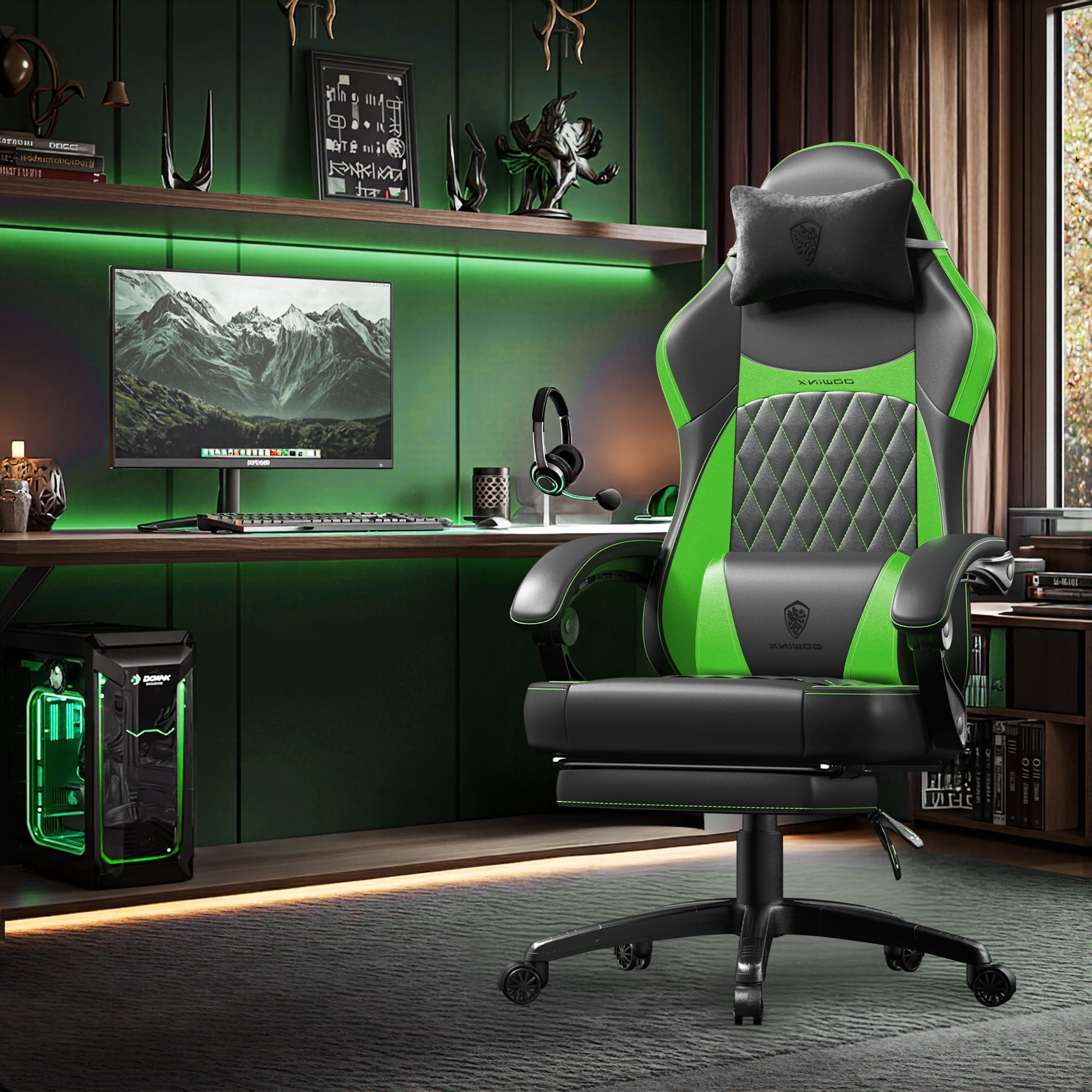 KARXAS Adult Gaming Chair Faux Leather PC Gaming Chair with Footrest and Lumbar Support, Black and Green