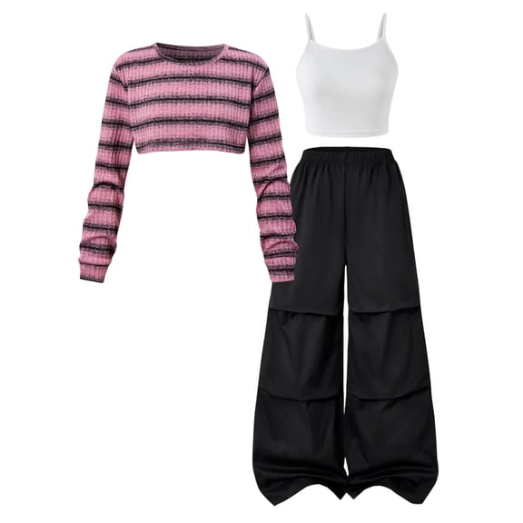 OJSFQUFP Girls 3‑Piece Dance Outfit Long Sleeve Crop Top Tank Top & Cargo Wide Leg Pants Set for Hop Jazz Dance