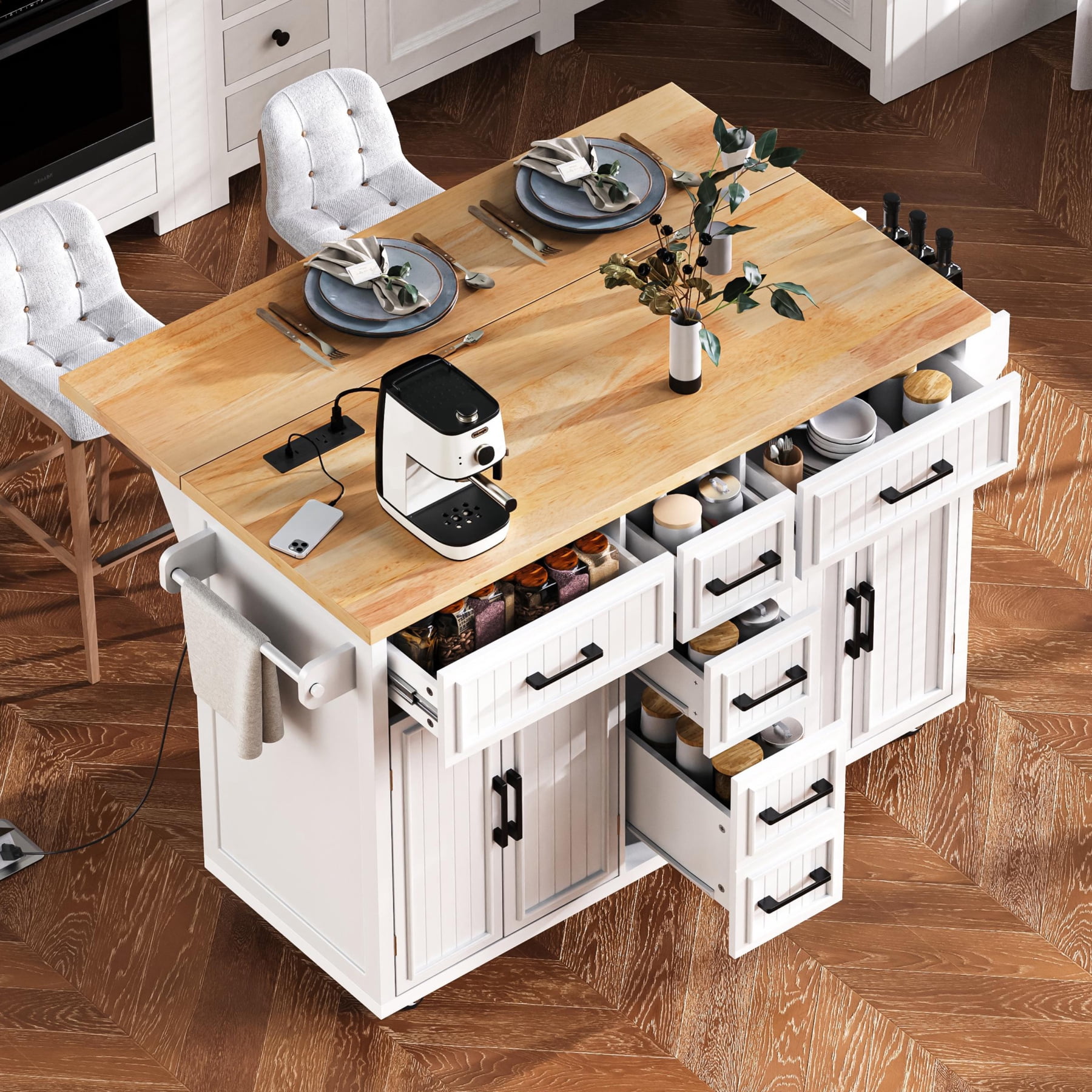 Harper & Bright Designs Kitchen Island with Drop Leaf, Rolling Kitchen Cart on Wheels with Doors, Drawers and Power Outlet for Dining Room, White