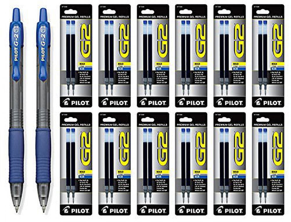 Pilot G2 Retractable Premium Gel Ink Roller Ball Bold, Blue 2 Pens & 24 Refills
