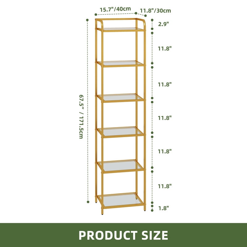 Uforic 6 Tier Modern Bookshelf, Tempered Glass Narrow Bookshelf, Open Display Bookcase, Gold Shelf Unit for Home Office, Living Room