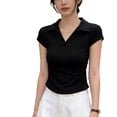 thumbnail image 3 of XPMWRP Women's Short Sleeve Shirt Collared V Neck Slim Fitted Tight Casual Tees Ruched Going Out Tops Fashion Clothes Black M, 3 of 6