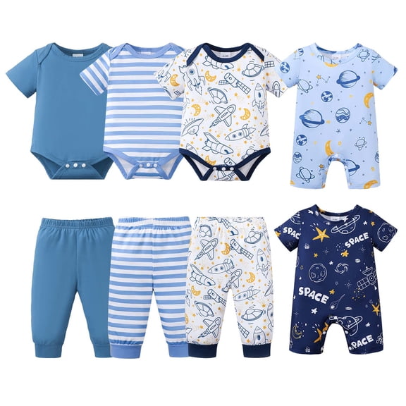 KIMI BEAR Newborn Baby Boys Layette Set 5 Packs 0-3 Months Shower Gift Sets Romper Top Pants Set Short Sleeves Tops Rockets Print Striped Outfits with Bodysuits Clothing 8pcs Essential Clothes Blue