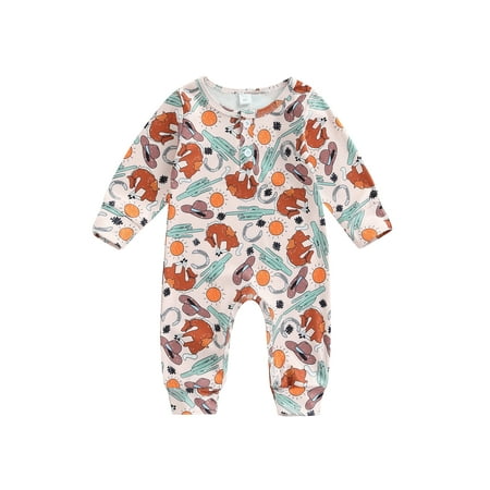 

Baby Boys Jumpsuit Infant Cartoon Dinosaur Print Long Sleeves Button Romper