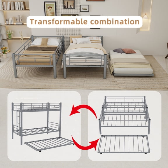 Twin over Twin Bunk Bed Frame with Twin size Trundle, Heavy-duty Sturdy Meta Beds Frame with Safety Guardrail and Ladder, Can Be Converted Into 2 Separate Beds, Mattress Not Included, Silver