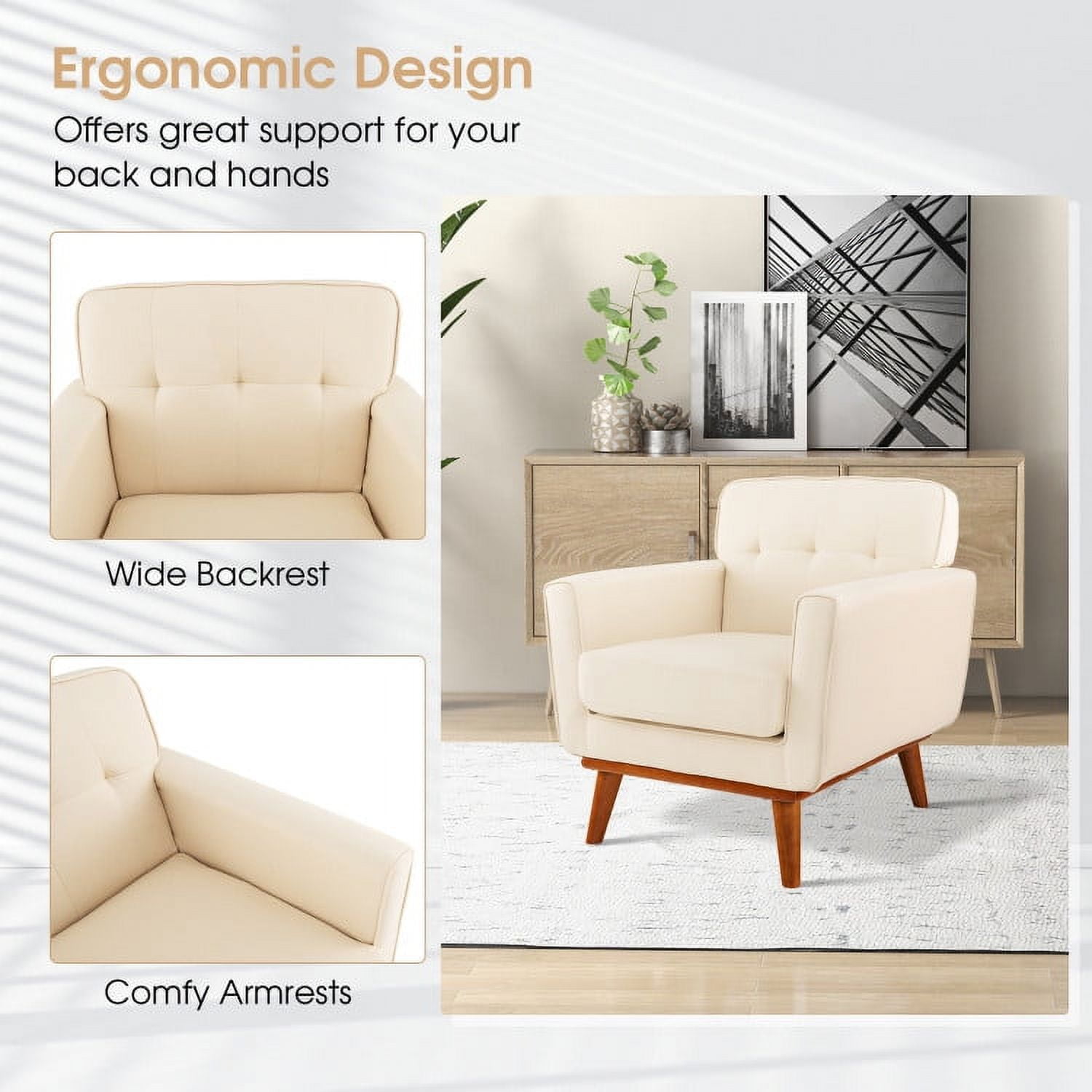 Finihen Accent Chair, Upholstered Accent Armchair, Modern Accent Chair, Upholstered Linen Fabric Armchair with Removable Padded Seat Cushion, for Living Room, Bedroom, Beige Finihen Accent Chair, Upholstered Accent Armchair, Modern Accent Chair, Upholstered Linen Fabric Armchair with Removable Padded Seat Cushion, for Living Room, Bedroom, Beige