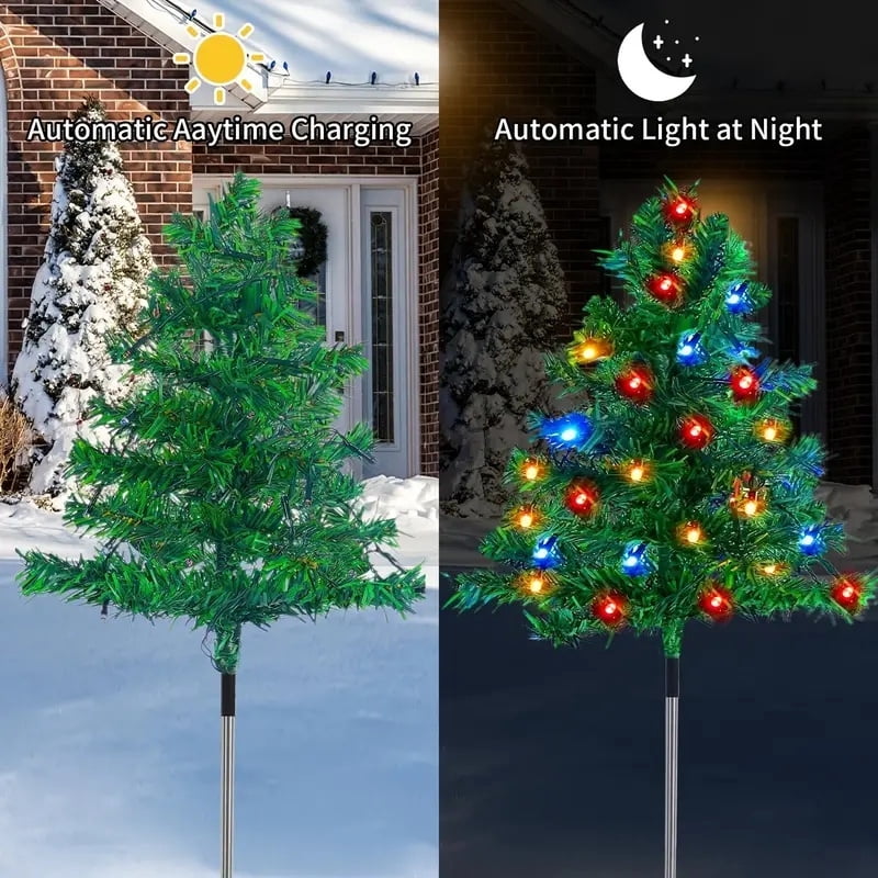 2-Pack Solar-Powered LED Artificial Christmas Trees, 120 LED Color Changing Mini Outdoor Holiday Decorations, Plastic Freestanding Festive Decor with Automatic Aaytime Charging for Pathway, Porch