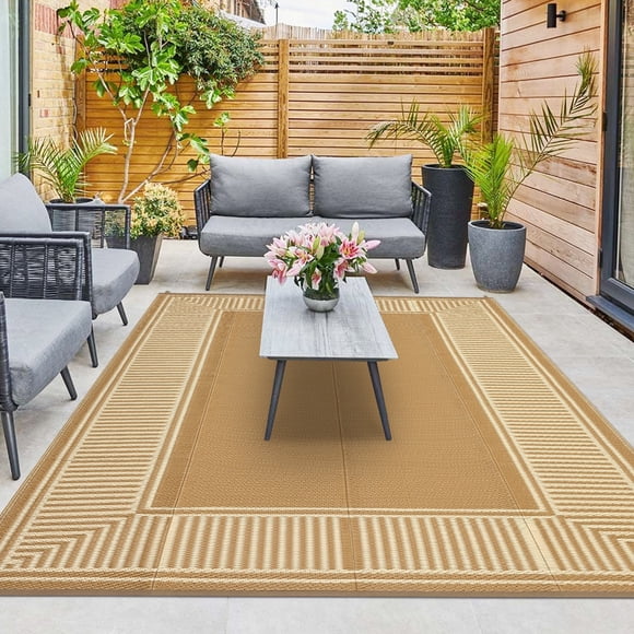 HIWEAVER Tapis d'Extérieur Chameau 8 Pieds x 10 Pieds en Paille Plastique PP Tissé, Tapis de Patio Imperméable avec Bordure, Tapis Extérieur Portable pour Balcon, Terrasse, Pique-Nique, Décoration de Jardin