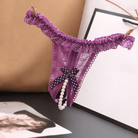 Fulorrnie Women s Lace Sheer Panties Low Rise Underwear Pearl Chain Decorative Bow Sexy Delicate Intimate Apparel  Purple  One Size