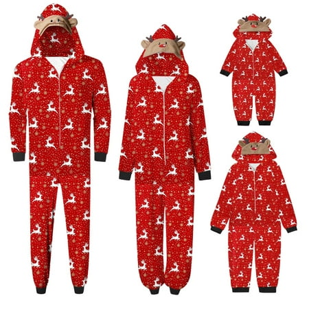 

WREESH Christmas Family Pajamas for Men Reindeer Snowflakes Graphic Jumpsuits Oversized Onesie Pajamas Deer Horn Hooded Loungewear Parent-Child Christmas Set Red