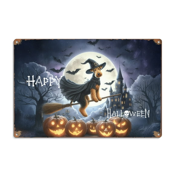 Happy Halloween Airedale Terrier Witch Pumpkins Bats Horizontal Metal Aluminum Sign Dale Waterside Dog Lover Wall Art Home Decor - 13012