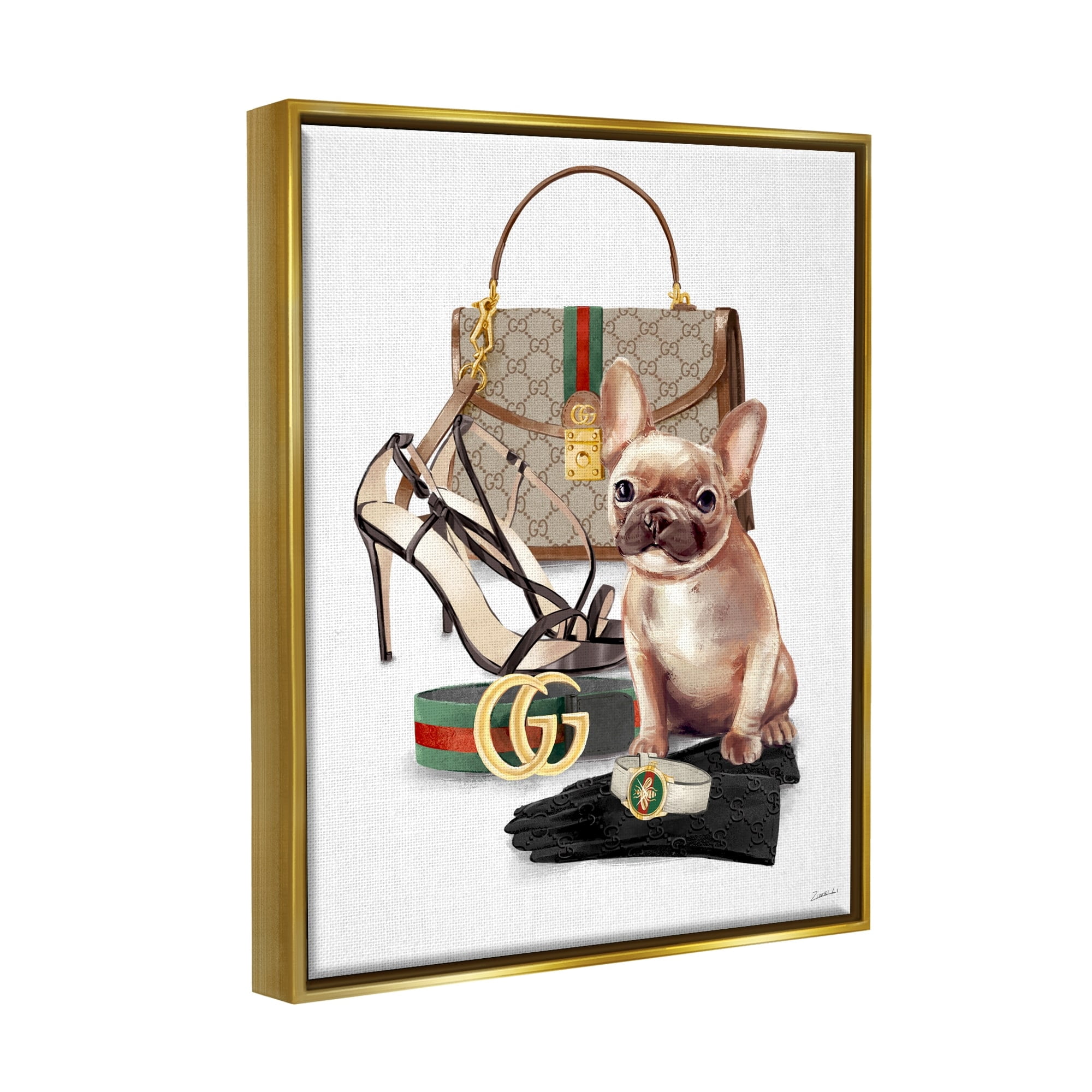 Stupell Industries Stylish Puppy Dog Designer Purse Shoes Accessories Metallic Gold Framed Floating Canvas Wall Art, 16x20, by Ziwei Li