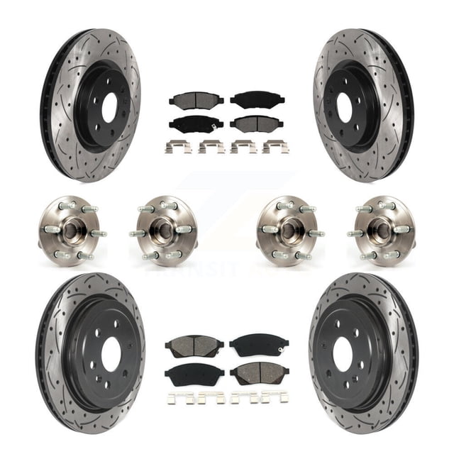 Transit Auto Front Rear Hub Bearings Assembly Coated Disc Brake Rotors and Semi-Metallic Pads Kit (10Pc) for Car Cadillac SRX Saab 9-4X - Left Right Side (Driver Passenger) KBB-115880