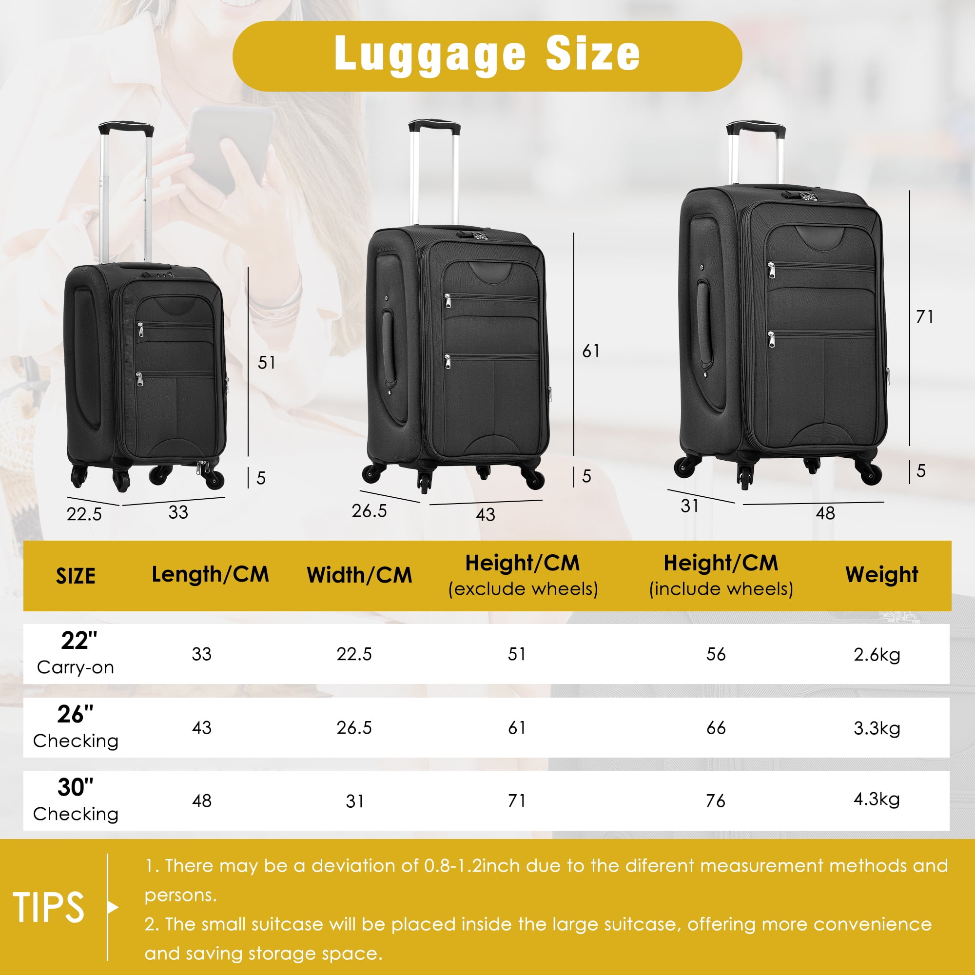 Softside Luggage Expandable 3 Piece Set Suitcase with Duffel Bag Upright Spinner Softshell Lightweight Luggage Travel Set-22/26/30 IN