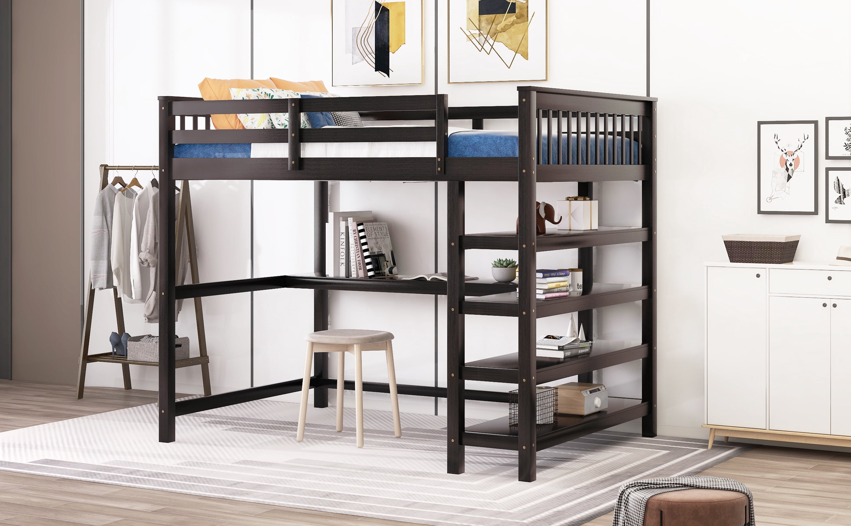 Euroco Solid Wood Full Size Loft Bed with Desk and 4-Tier Storage Shelves for Kids Teens Adult Bedrrom, Espresso