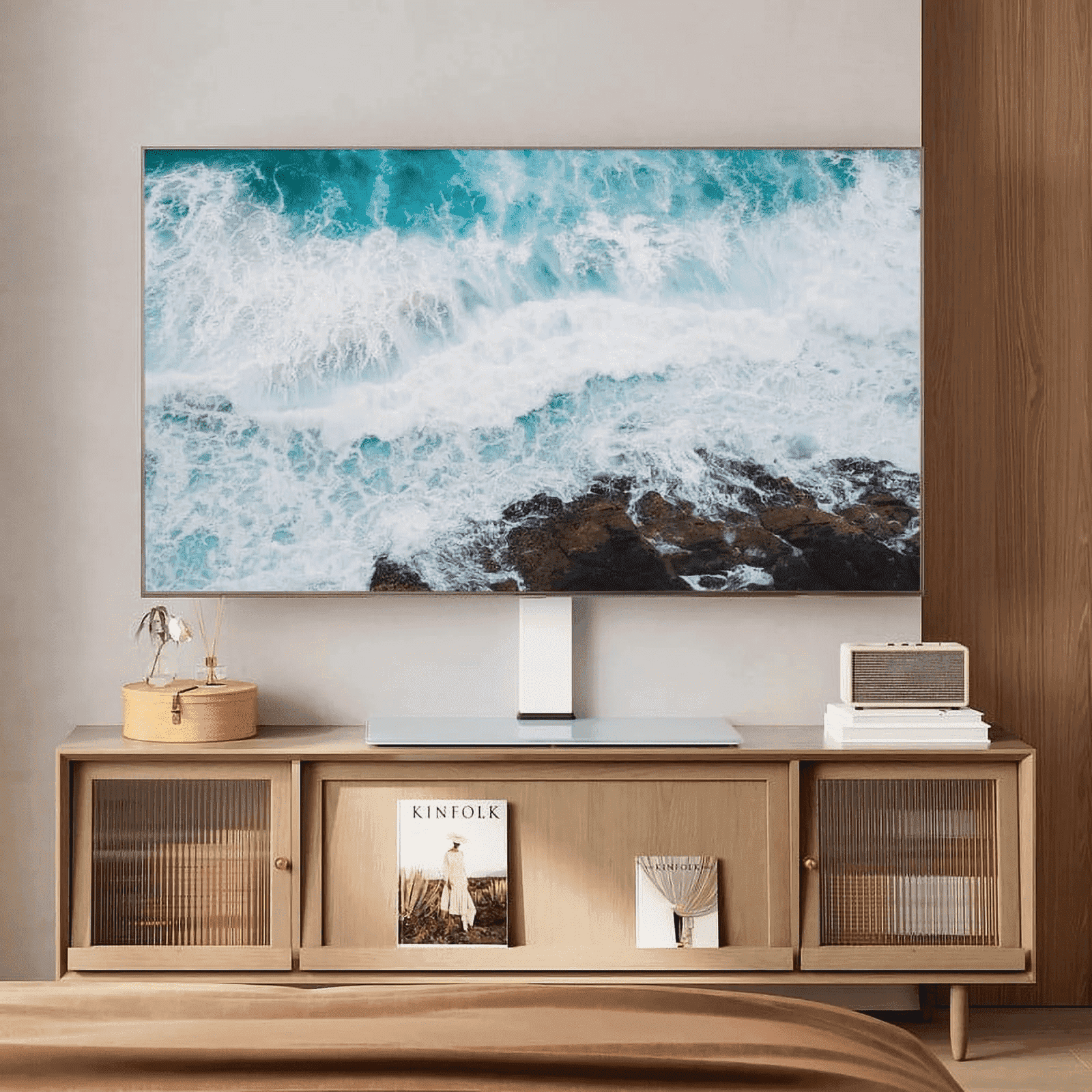 FITUEYES Universal Tabletop TV Stand for 50–85 inch TVs, Height-Adjustable Swivel Stand with Tempered Glass Base, Supports up to 110 lbs, White