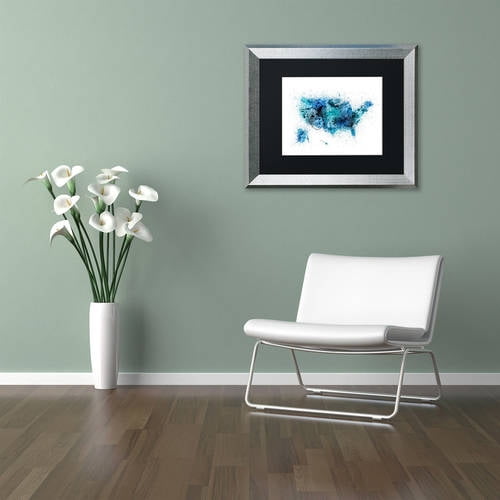 Trademark Fine Art "US Paint Splashes Map" Canvas Art by Michael Tompsett, Black Matte, Silver Frame