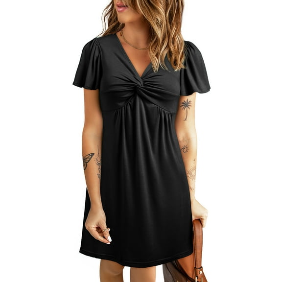 Eytino Dresses for Women V Neck Holiday Dress Short Sleeves Twisted Front Dress Casual Summer Beach Vacation Dresses S-2XL Black