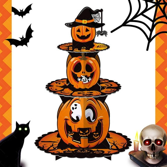 Halloween Decor - Decorate The Tray - Cake Tray Stickers - Halloween Cupcake Stand 3 Tier Halloween Cupcake Stand Decoration Pumpkin Cardboard Stand for Halloween Trick Or Birthday Party Decor