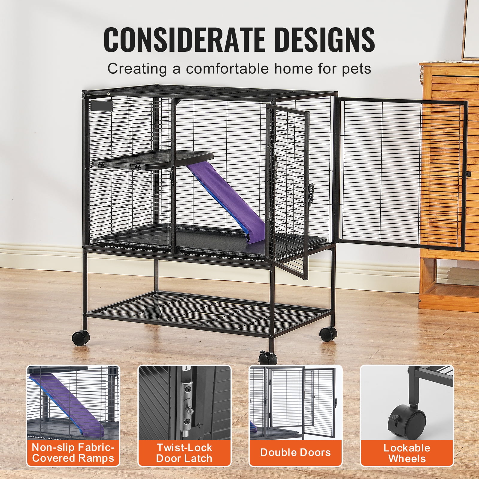 KFFKFF 36" Mobile Ferret Metal Enclosure, Spacious 2-Level Animal Cage with Wheels, Small Animal Critter House Habitat with Ramps & Tray, for Hamsters, Guinea Pigs, Chinchillas, Squirrels, Hedgehogs