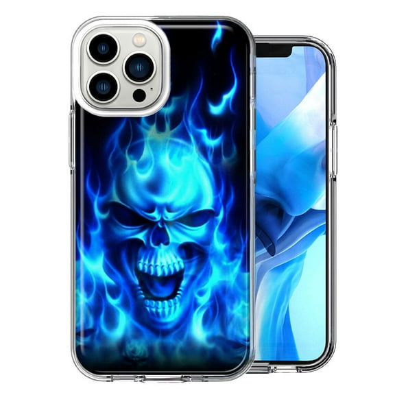 MUNDAZE Case for Apple iPhone 15 Pro Max Slim Hard Shell Soft TPU Hybrid Shockproof Heavy Duty Protective Phone Cover - Blue Flaming Skull