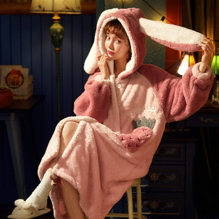 

PIKADINGNIS FUNISHI Women Sleepwear Hooded Inspissate Winter Pajamas Coral Fleece Cartoon Loose Version Night-robe Keep Warm Princess Style