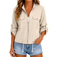 thumbnail image 2 of Womens Zip Up Jacket Roll Tab Sleeve Flap Pocket Drawstring Hem Utility Lightweight Cropped Jackets Women SoftLightweight Fall Jacket Daily Travel Outfits, 2 of 4