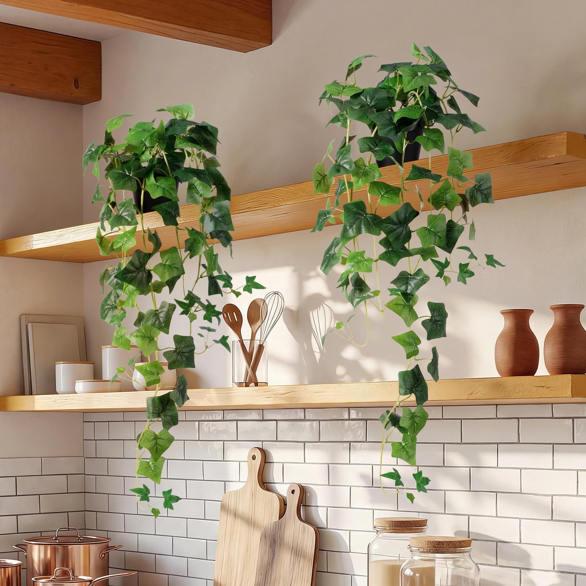 Fake Hanging Plants with Pots - Realistic Artificial Plant for Indoor Outdoor, 33In Silk Fake Potted Plants, 2PC Faux Ivy Vine for Shelf Tabletop Office Decor, Dark Green