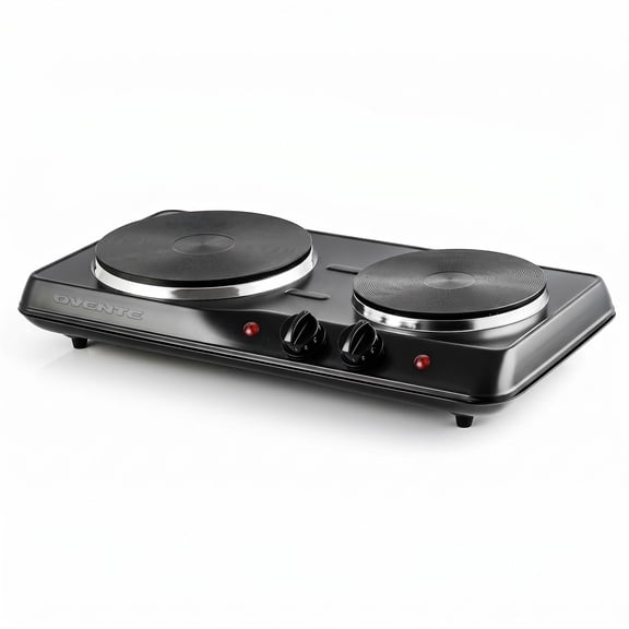 OVENTE Electric Cast Iron Double Burner, 1700W Hot Plate, Black BGS102B | 7.25" & 6.10" Portable Countertop Cooktop, Metal Housing, 5 Level Temperature Control, Indicator Light, Easy-to-Clean