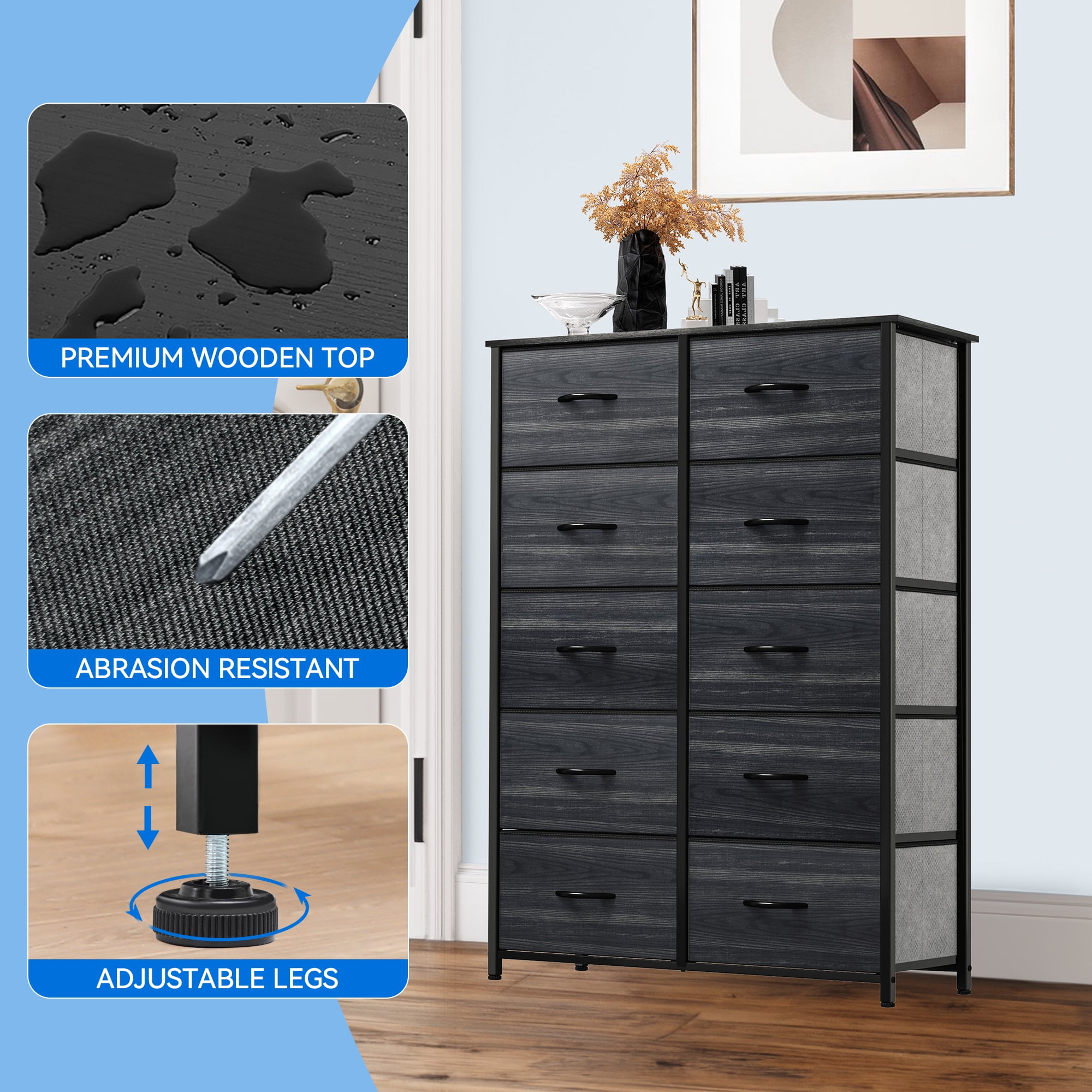 Uforic 10-Drawer Fabric Dresser, Storage Chest with Steel Frame & Wooden Top for Bedroom, Black