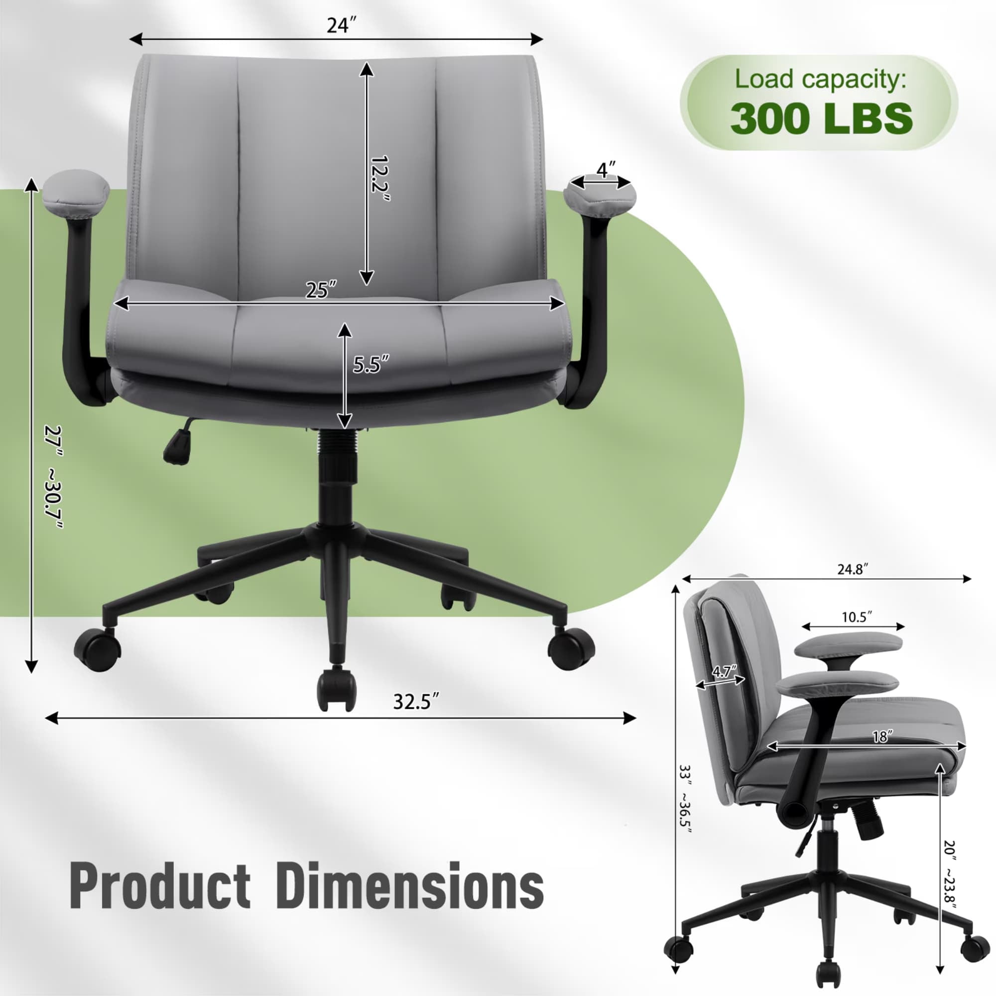HUJHKIO Cross Legged Office Chair with Flip-Up Arms, Wide Swivel Chair, 360° Rolling Ergonomic Desk Chair, Adjustable Comfy Leather Seat for Home Office, Vanity & Study, Supports 300 lbs, Gray