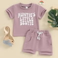 thumbnail image 4 of WIBACKER Toddler Baby Boy Summer Outfit Infant Girl Clothes Auntie Bestie Short Sleeve T-Shirt Casual Rolled Shorts Set, 4 of 8