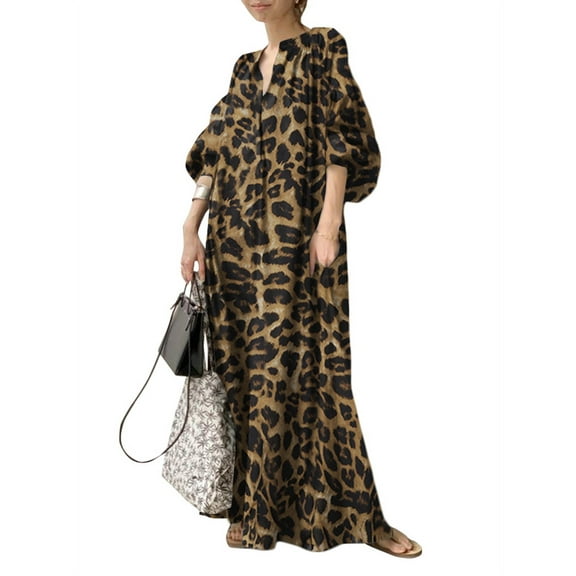 ZANZEA Womens Dresses Leopard Printed 3/4 Sleeve O-Neck Long Dress