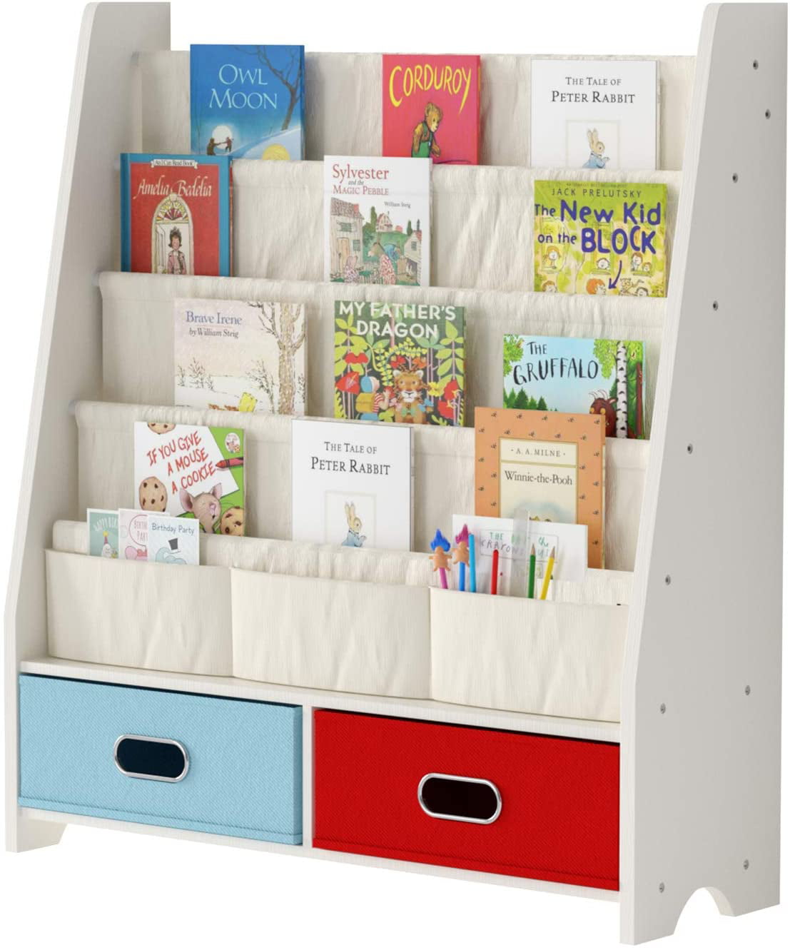 Espresso/White Homfa Kids Book Rack Storage Sling Bookshelf Toy Display for Children 