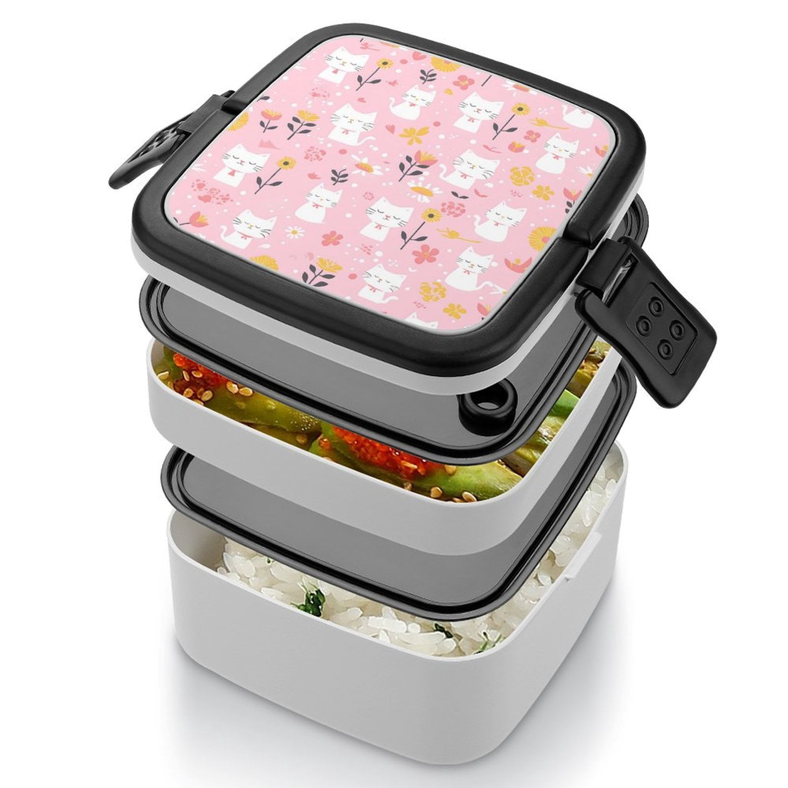5.3×4.3in Double-Layer Bento Box Sealing Leakproof Partition Design Buckle Design Convenient Switch With Handle Cartoon Cat And Flowers